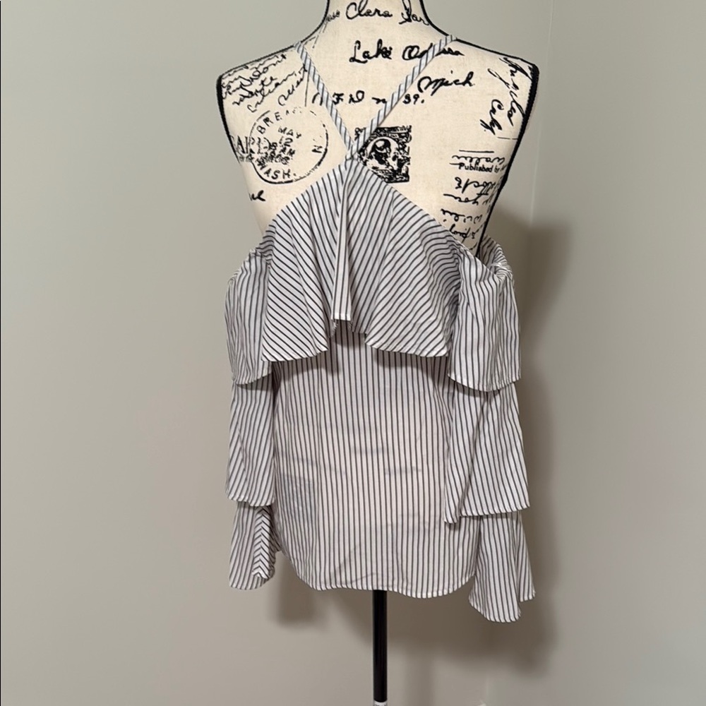 Express Gray and White Ruffled Tiered Blouse